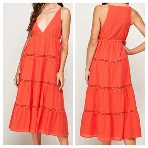 Beautiful coral boho deep v-neck sleeveless crochet tiered babydoll midi dress